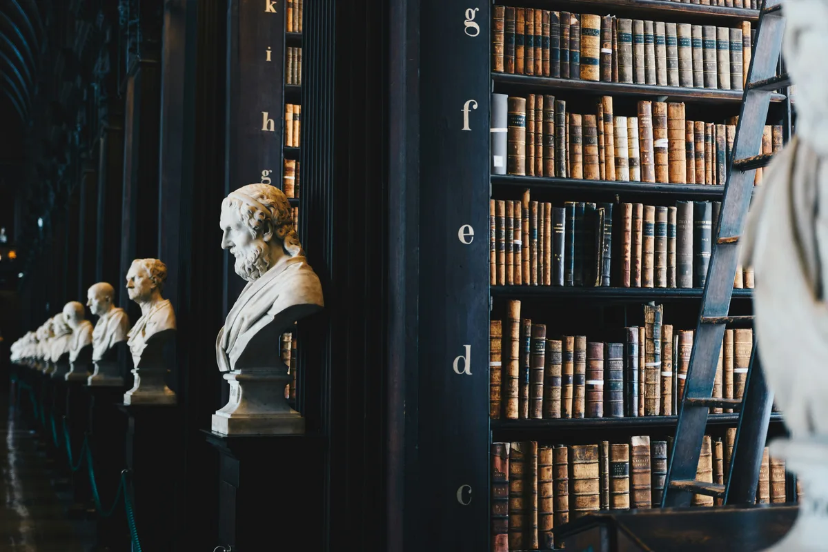 Law library with classical busts